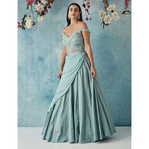 Dupion Skirt With Embroidered Off-Shoulder Blouse