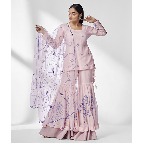 Pink Chanderi Sharara Set With Hand And Machine Embroidery