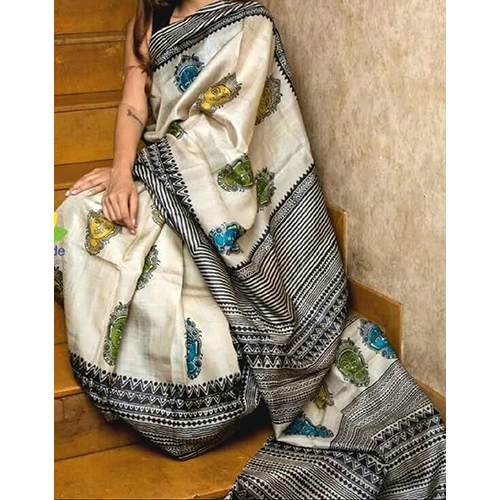 Hand Block Printed Without Zori Bordered pure Deshi Bengal Tusser Silk Saree