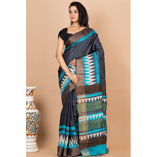 Hand Block Printed Zori Bordered Tusser Silk Saree