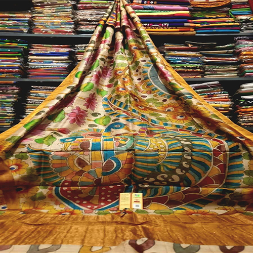 Hand Painted Pen Kalamkari Saree On Full Body Check Zori Pure Deshi Bengal Tusser Silk Fabric - Color: Different Available