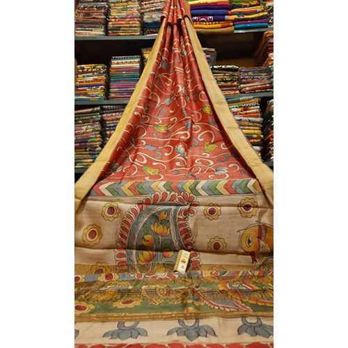 Hand Painted Pen Kalamkari Saree on Zori Bordered Pure Bengal Tusser Silk