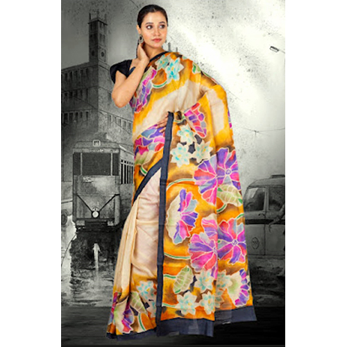 Hand Painted Without Zori Bordered Pure Deshi Bengal Tusser Silk Saree