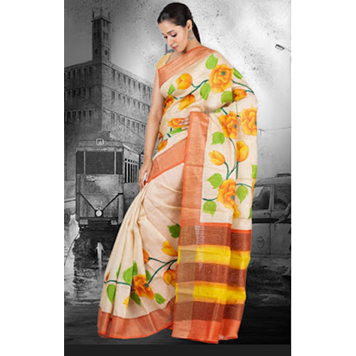 Hand Painted Zori Bordered Pure Deshi Bengal Tusser Silk Saree