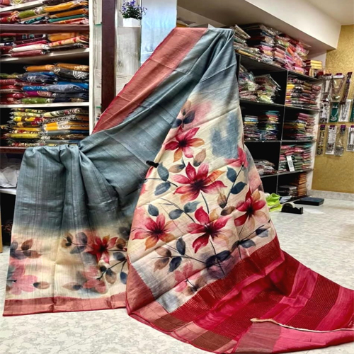 Hand Printed Zori Bordered Pure Deshi Bengal Tusser Silk Saree