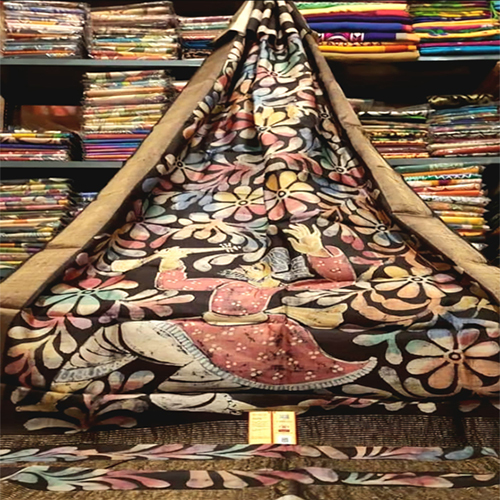 Hand Wax Batik Sarees on Zori Bordered Pure Deshi Bengal Tusser Silk Fabric
