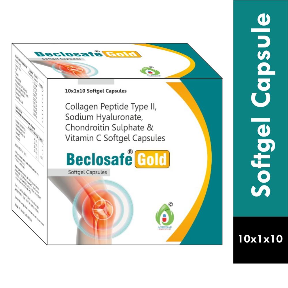 BECLOSAFE GOLD SOFTGEL CAPSULES - Each Softgel Capsules Contains ( Approx) : Collagen Peptide Type-2 40 Mg , Sodium Hyaluronate 30 Mg , Chondrotin Sulphate 200 Mg , Vitamin C 35 Mg , Excipients Q.s.