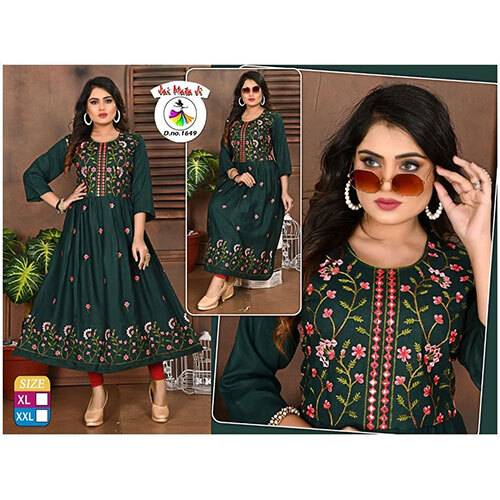 Embroidery Anarkali Kurtis - Color: Green