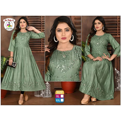 Embroidery Rayon Kurti - Color: Green