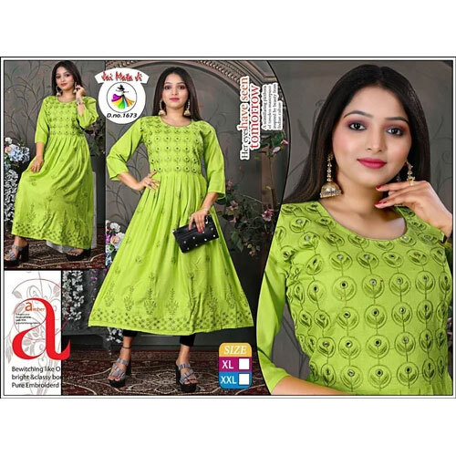 Rayon Embroidery Kurti - Color: Green