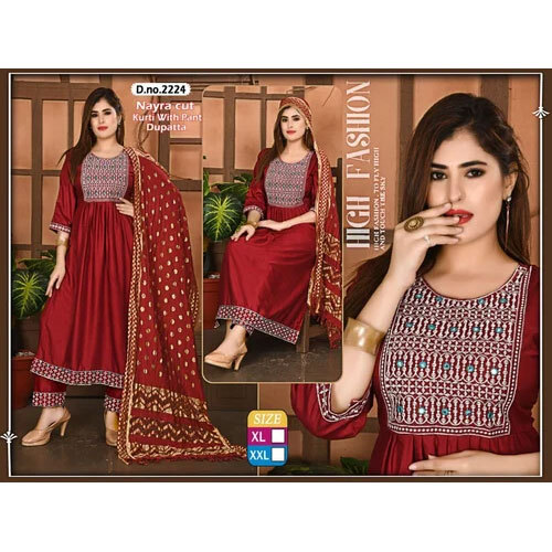 Nayra Cut Kurti Pant Dupatta Suit - Color: Maroon