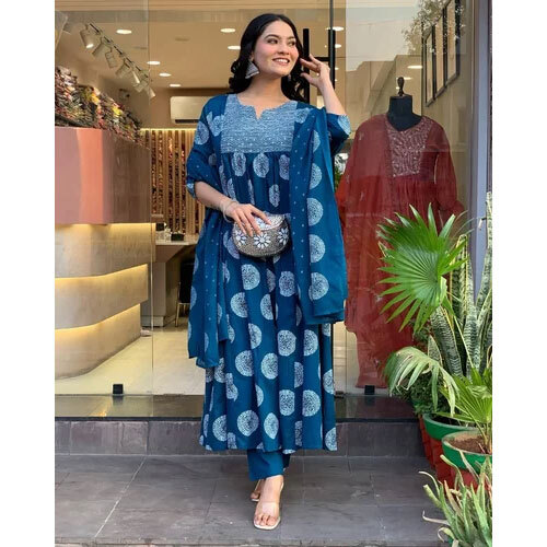 Cotton Kurti Pant Dupatta Set - Color: Blue