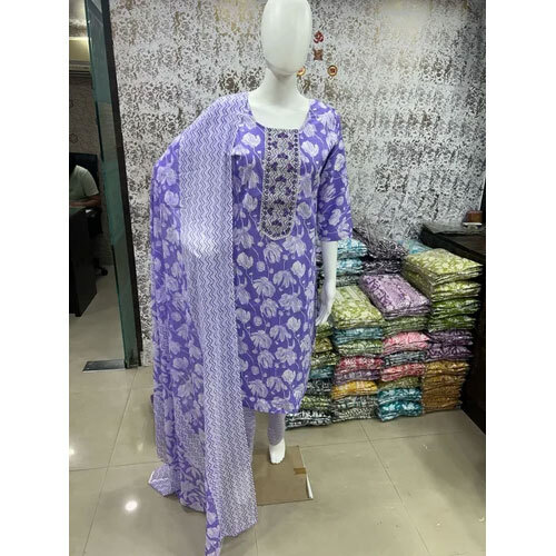 Cotton Designer Kurti Pant Dupatta Set - Color: Purple