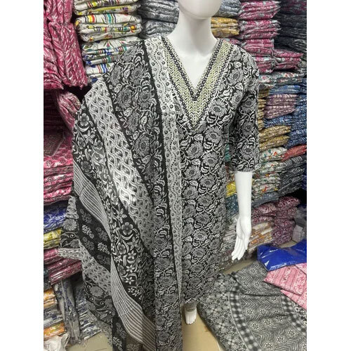Ladies Black Cotton Kurti Pant Set - Design: Plain