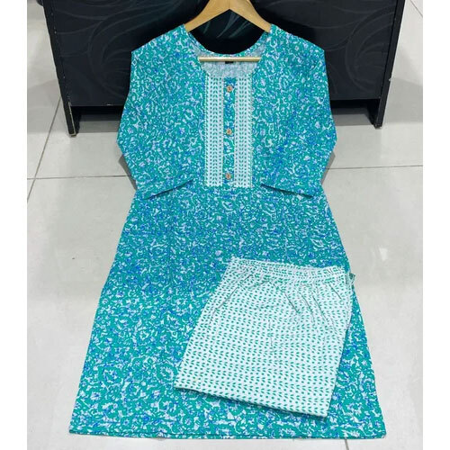 Jaipuri Cotton Kurti Pant Set - Color: Black And White