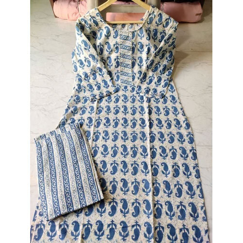 Ladies Printed Cotton Kurti Pant Set - Color: Blue