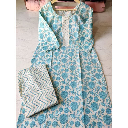 Jaipuri Floral Printed Kurti With Pant - Color: Blue And White