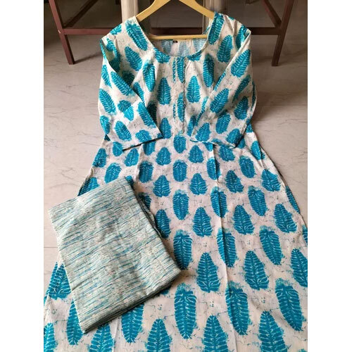 Cotton Printed Kurti Pant - Color: Blue And White