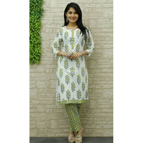 Women Kurti Pant Set - Color: Green And White