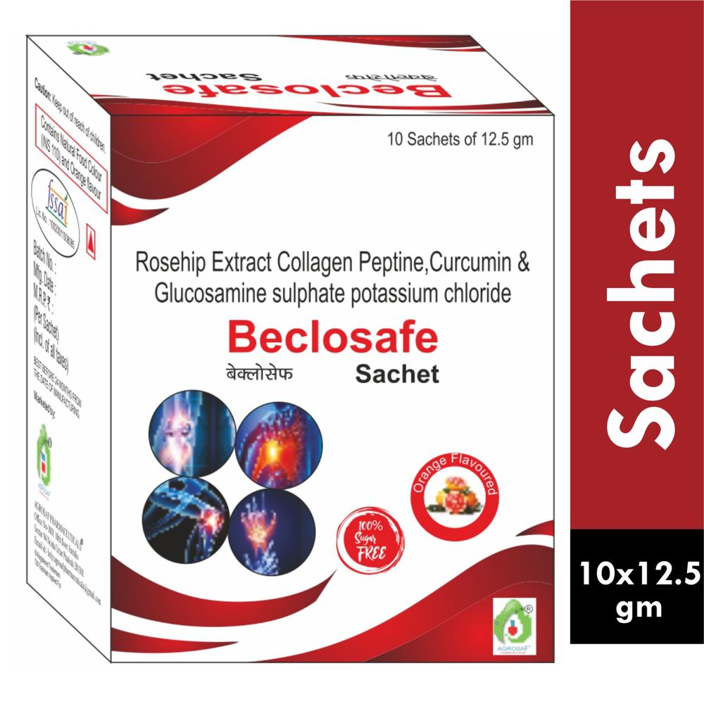 BECLOSAFE SACHET - Roip Extract(250mg) Collagen Peptine(10gm),curcumin(50mg) & Glucosamine Sulphate Potassium Chloride(1320mg)seh