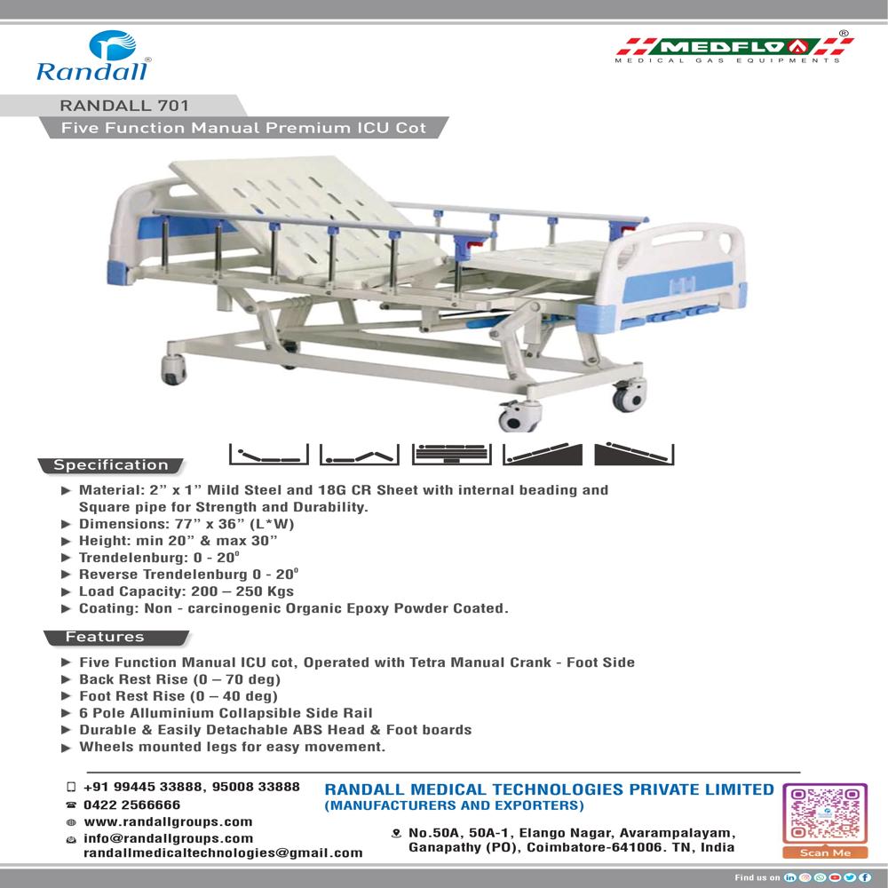Five Function Manual Premium Icu Cot - Color: White Blue