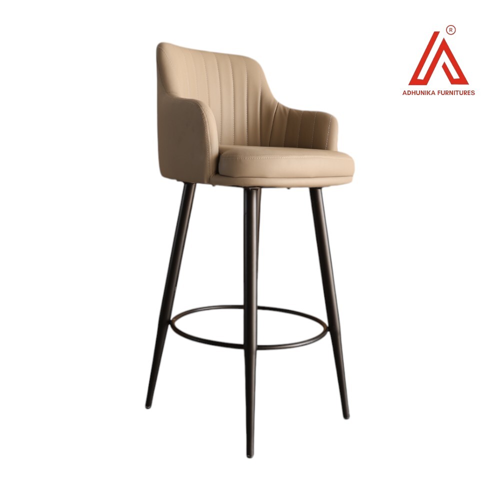 Modern Beige Leatherette Bar Stool with Armrests & Metal Legs a   High Chair for Kitchen, CafAC, or Bar Counter