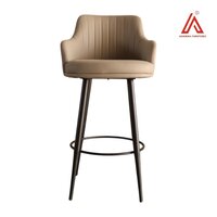 Modern Beige Leatherette Bar Stool with Armrests & Metal Legs  High Chair for Kitchen, Caf, or Bar Counter