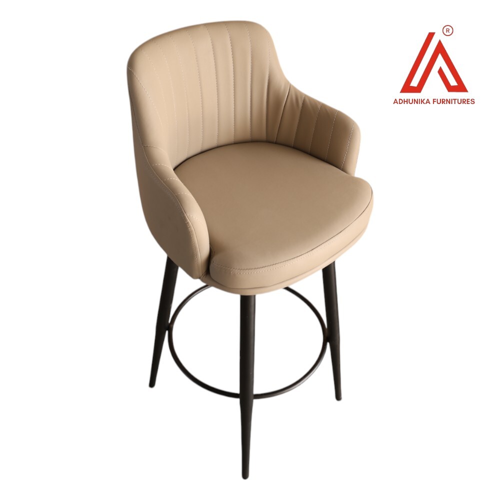 Modern Beige Leatherette Bar Stool with Armrests & Metal Legs  High Chair for Kitchen, Caf, or Bar Counter
