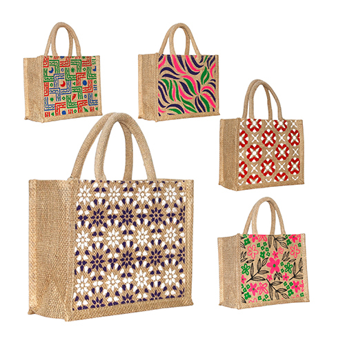 10X11 Inch Natural Multi Design Jute Bag - Color: Different Available