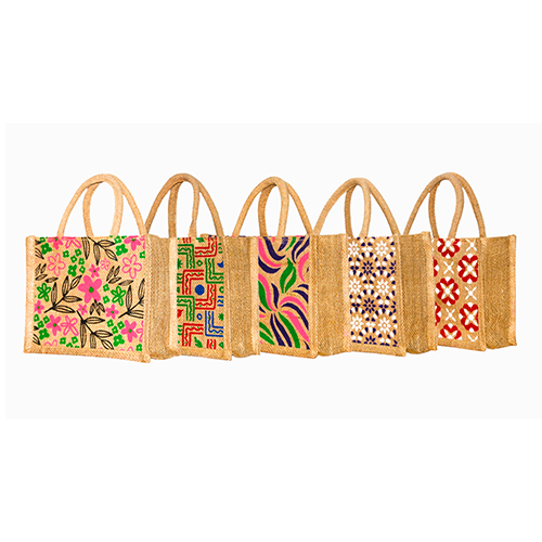 10X8 Inch Natural Multi Design Jute Bag - Color: Different Available