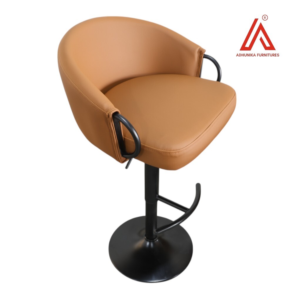 Adjustable Brown Leatherette Bar Stool Chair with Black Metal Base & Armrests  Modern Swivel High Chair for Kitchen & Bar