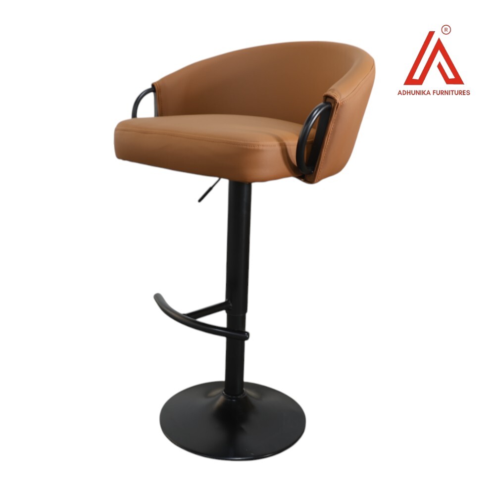 Adjustable Brown Leatherette Bar Stool Chair with Black Metal Base & Armrests  Modern Swivel High Chair for Kitchen & Bar