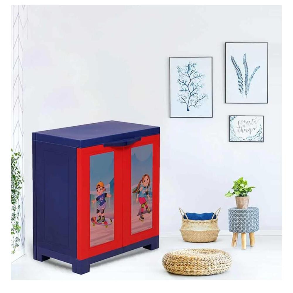 Supreme Fusion Kidz Junior Cupboard - 100% Virgin Plastic, 13.7x23x25.3 Inches, Coke Red/blue | Waterproof, Non-toxic, Easy To Assemble, Two Doors & One Shelf