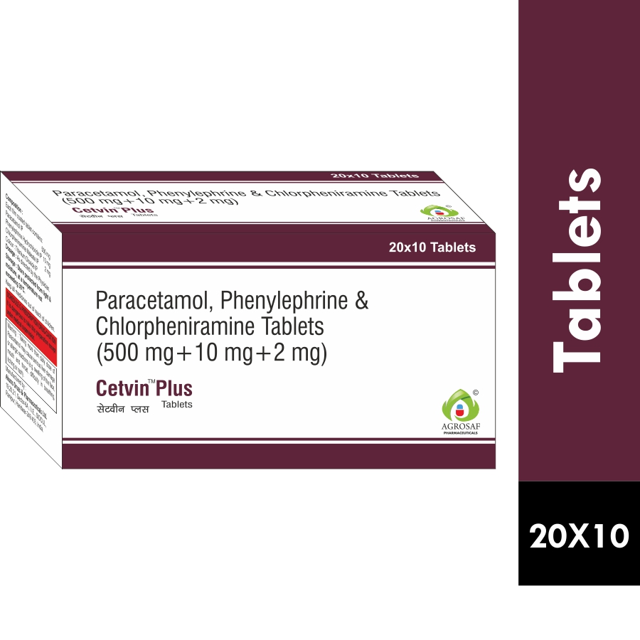 CETVIN PLUS TABLET - Chlorpheniramine Maleate (2mg) + Paracetamol (500mg) + Phenylephrine (10mg)