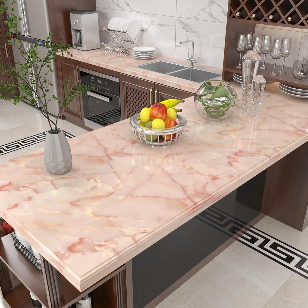 Waterproof Marble Wallpaper Self Adhesive Apricot Pink Vinyl Wall Paper
