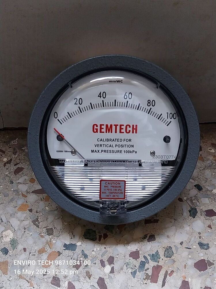 GEMTECH Differential Pressure Gauge Range 0-5 Kilopascals
