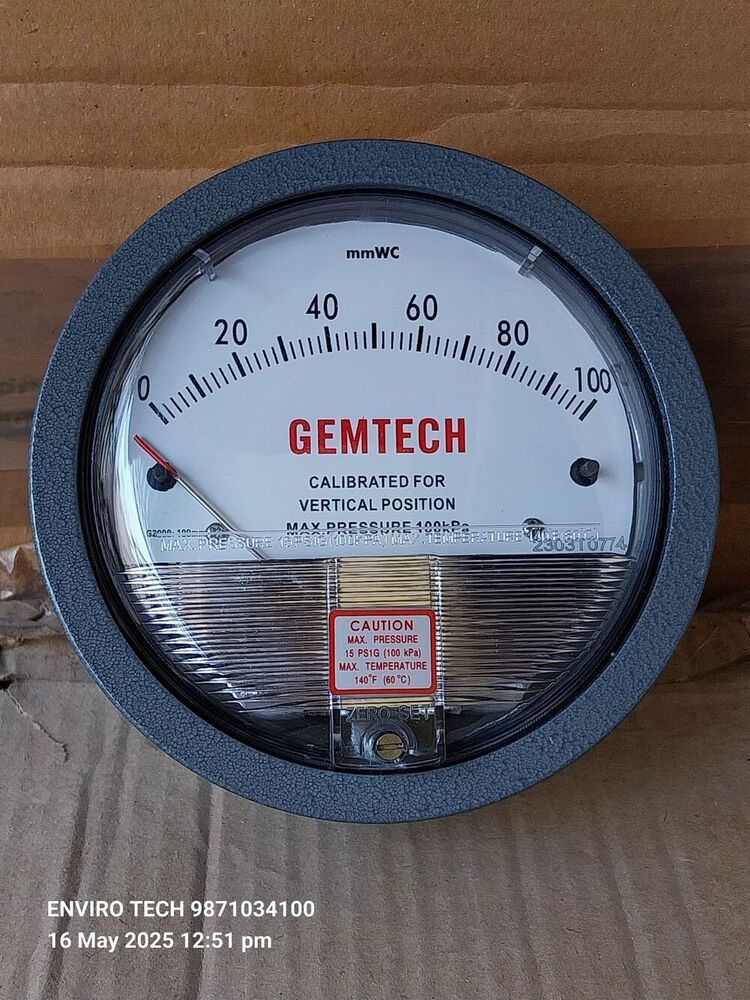 GEMTECH Differential Pressure Gauge Range 0-5 Kilopascals