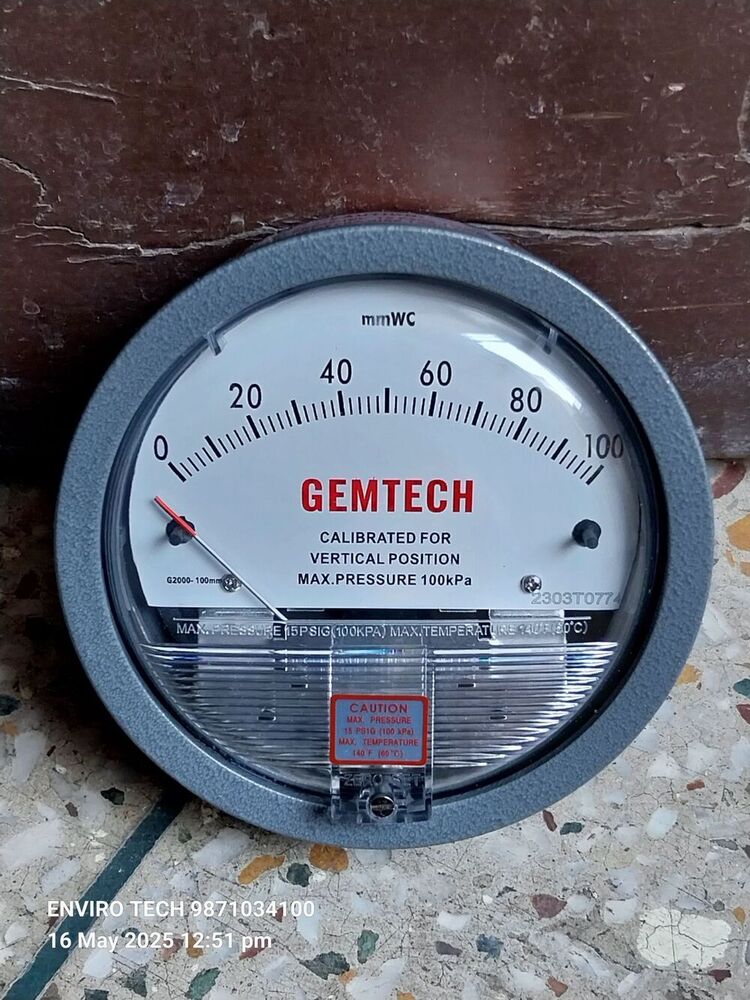 GEMTECH Differential Pressure Gauge Range 0-5 Kilopascals