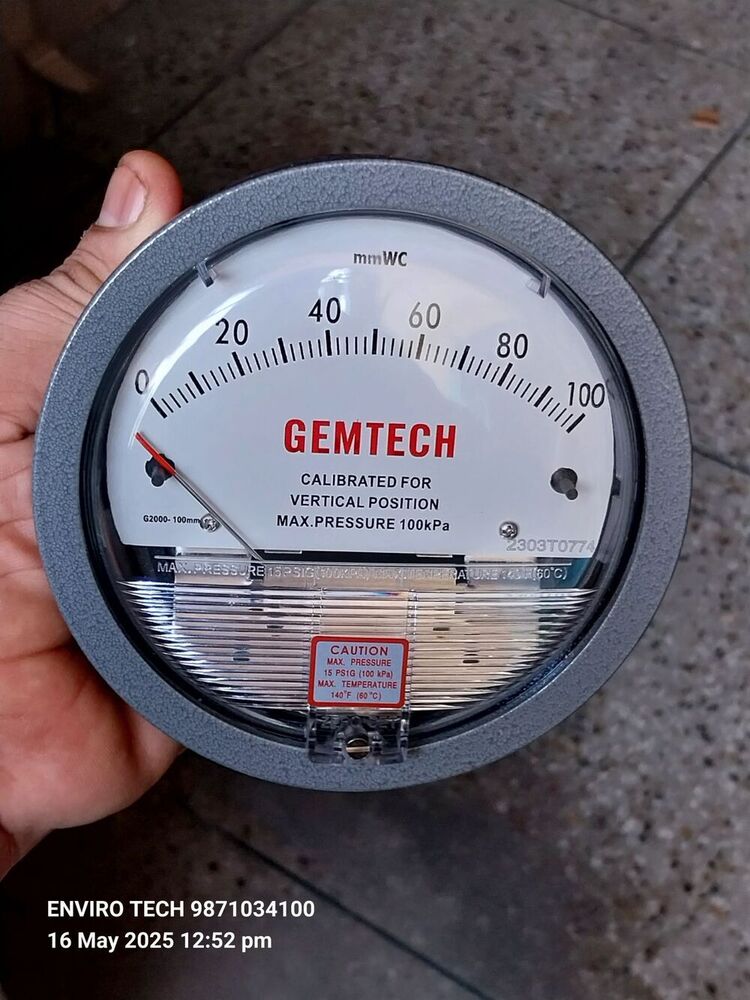 GEMTECH Differential Pressure Gauge Range 0-2.5 Kilopascal
