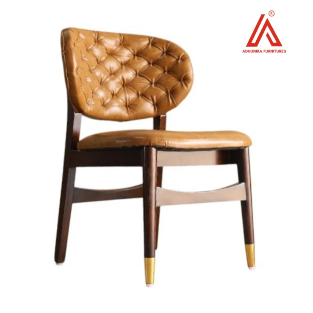 Vintage Tan Leatherette Tufted Dining Chair with Wooden Frame & Gold Tip Legs