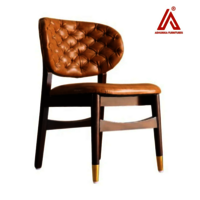 Vintage Tan Leatherette Tufted Dining Chair With Wooden Frame & Gold Tip Legs - Application: Yes