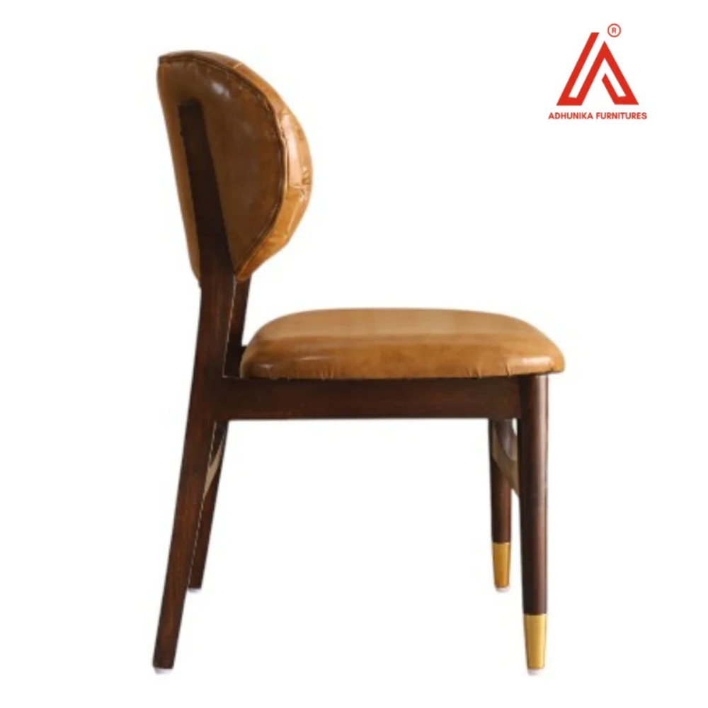 Vintage Tan Leatherette Tufted Dining Chair with Wooden Frame & Gold Tip Legs