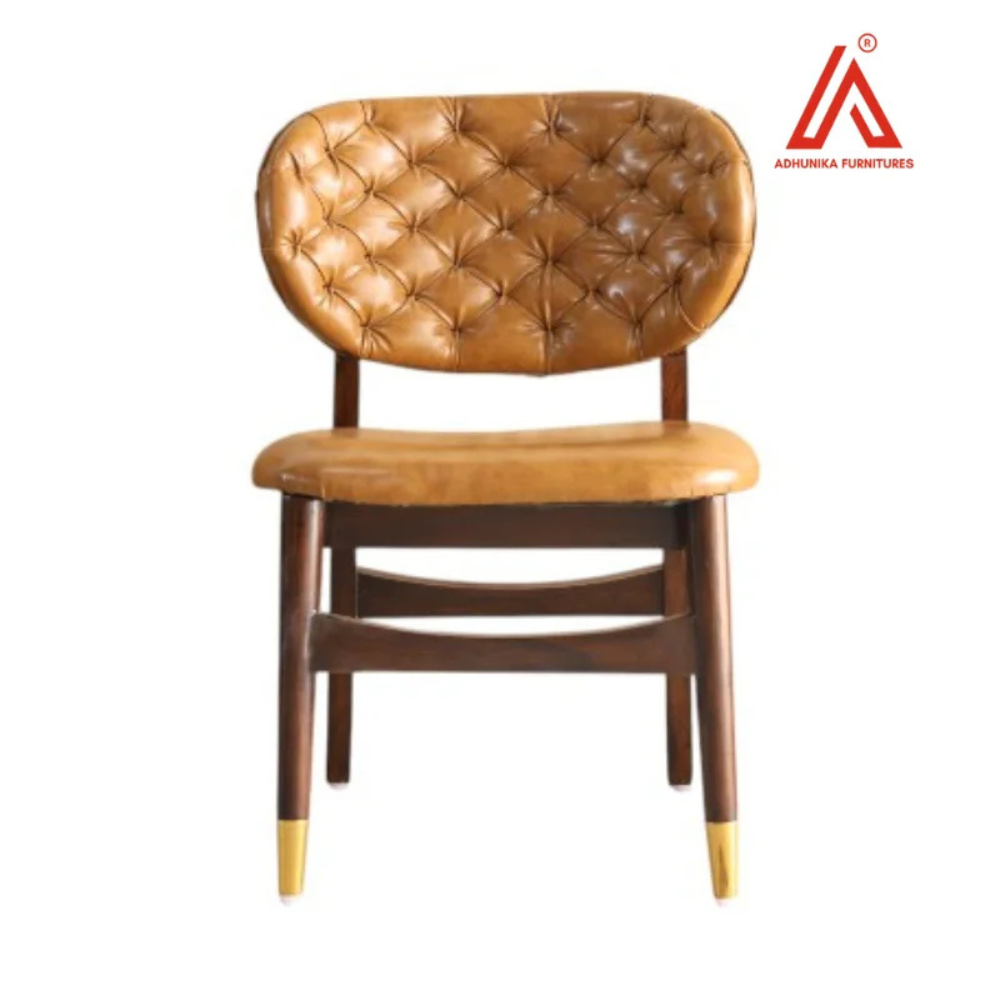 Vintage Tan Leatherette Tufted Dining Chair with Wooden Frame & Gold Tip Legs