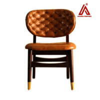 Vintage Tan Leatherette Tufted Dining Chair with Wooden Frame & Gold Tip Legs