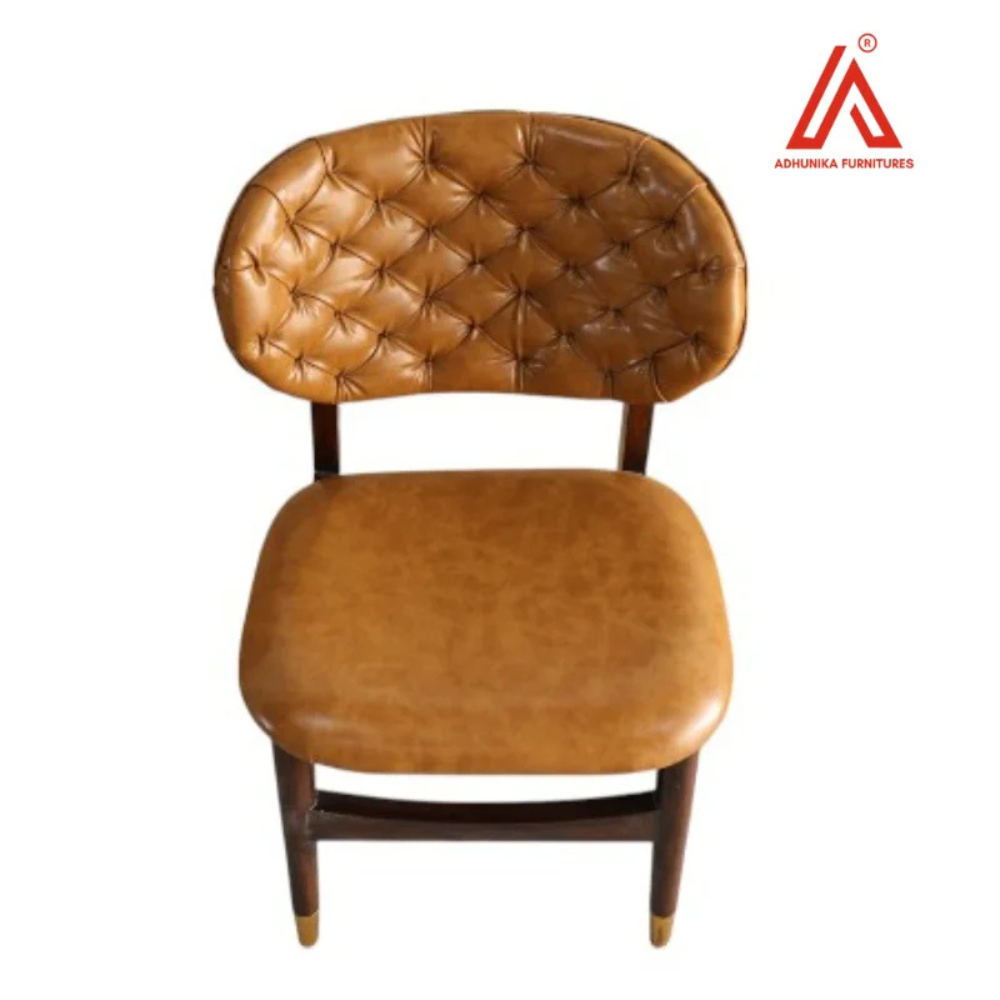 Vintage Tan Leatherette Tufted Dining Chair with Wooden Frame & Gold Tip Legs
