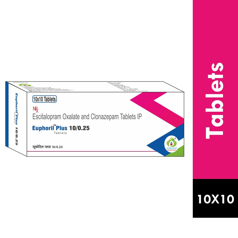 EUPHORIL PLUS 10/0.25 TABLET - Escitalopram Oxalate Ip Eq. To Escitalopram (10 Mg) + Clonazepam Ip (0.25 Mg) + Excipients Q.s. (color Titanium Dioxide Ip)