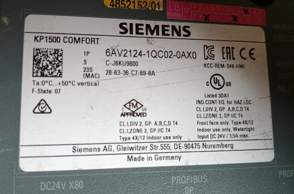 SIEMENS 6AV2124-1QC02-0AX0 HMI