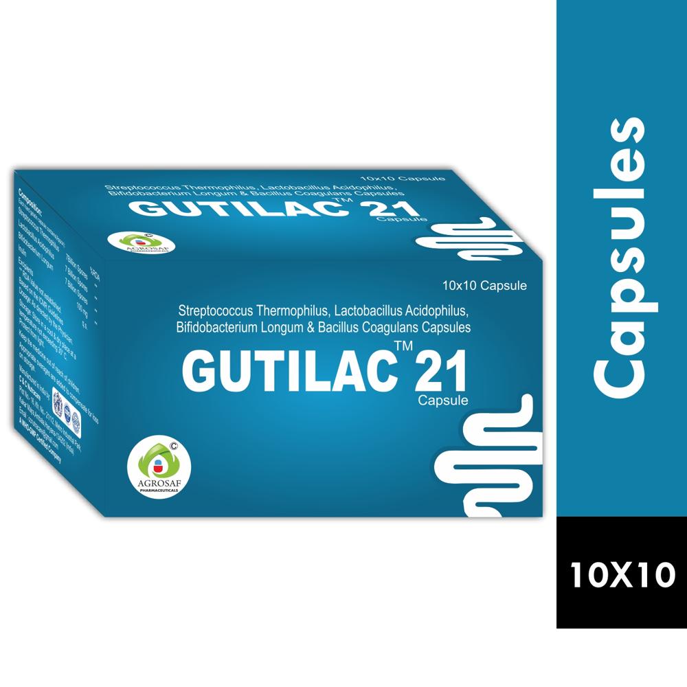 GUTILAC 21 CAPSULES - Streptococcus Thermophilus (7billion Spores) + Lactobacillus Acidophilus (7billion Spores) + Bifidobacterium Longum (7billion Spores) + Inulin (100mg)