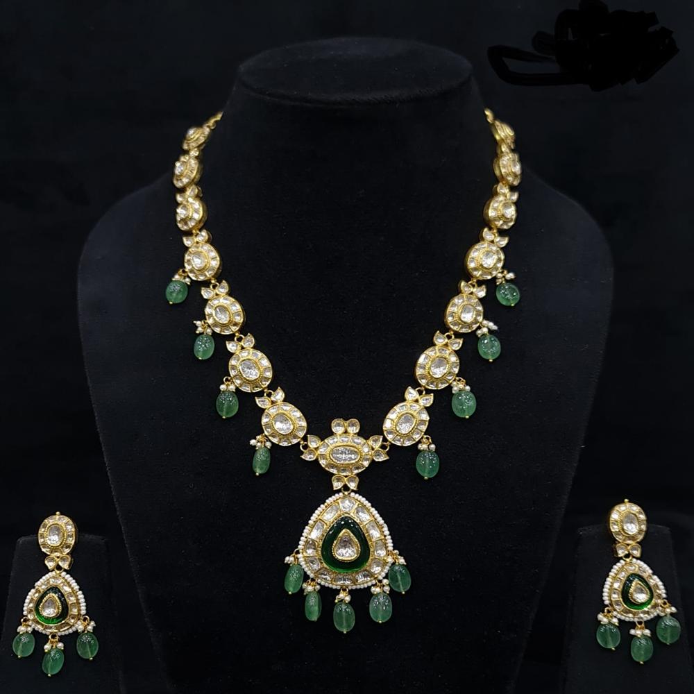 Gold Jadau Long Necklace Set - Color: Green & Golden