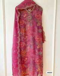 Unstitched Organza Salwar Suit Set - Neck Style: V-Neck